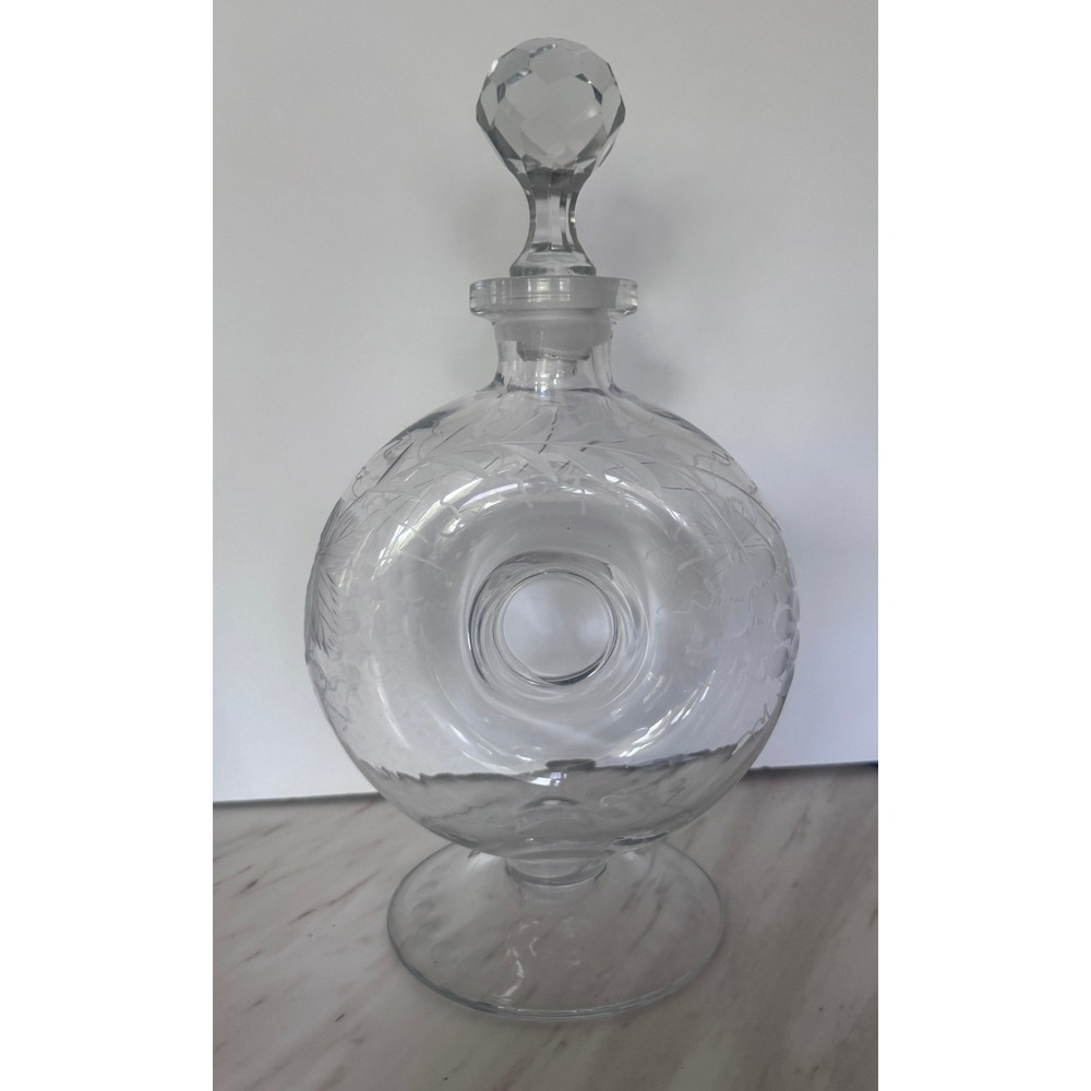 Vintage Etched Glass Donut Decanter Grape Vine Motif‎ Faceted Stopper Clear